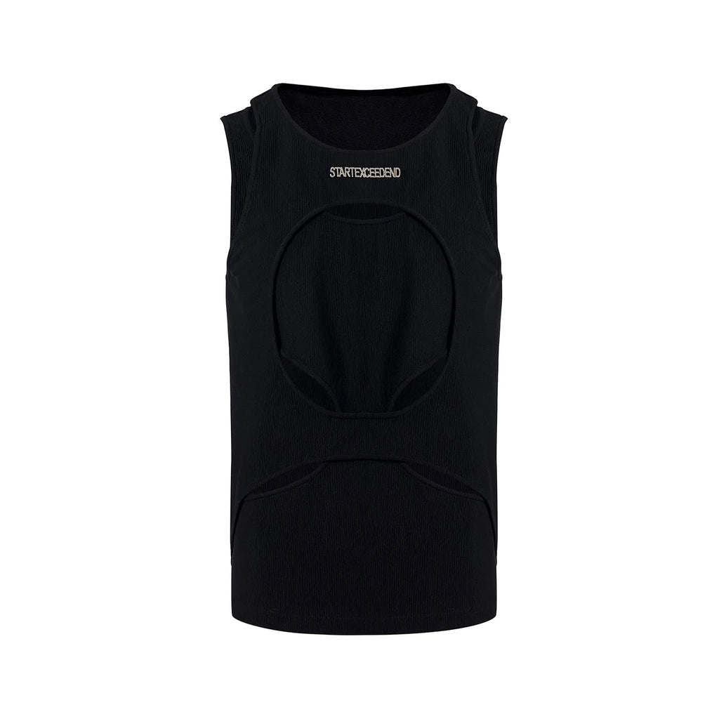 Men's loose sleeveless waistcoat with hollow white thread design in black colour