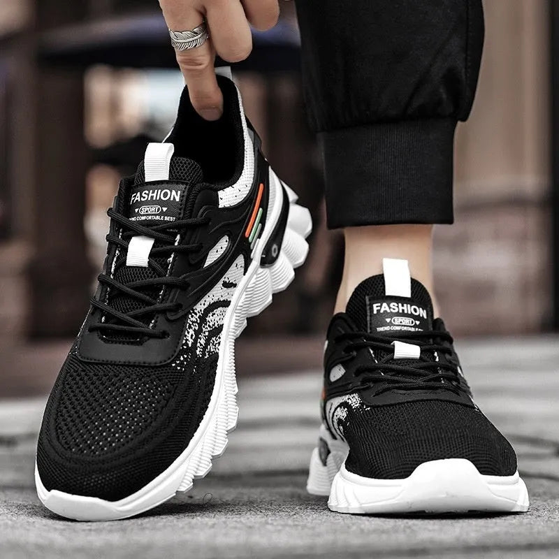 Men's white blue and black platform casual sports shoes with mesh upper and cross shoulder straps.