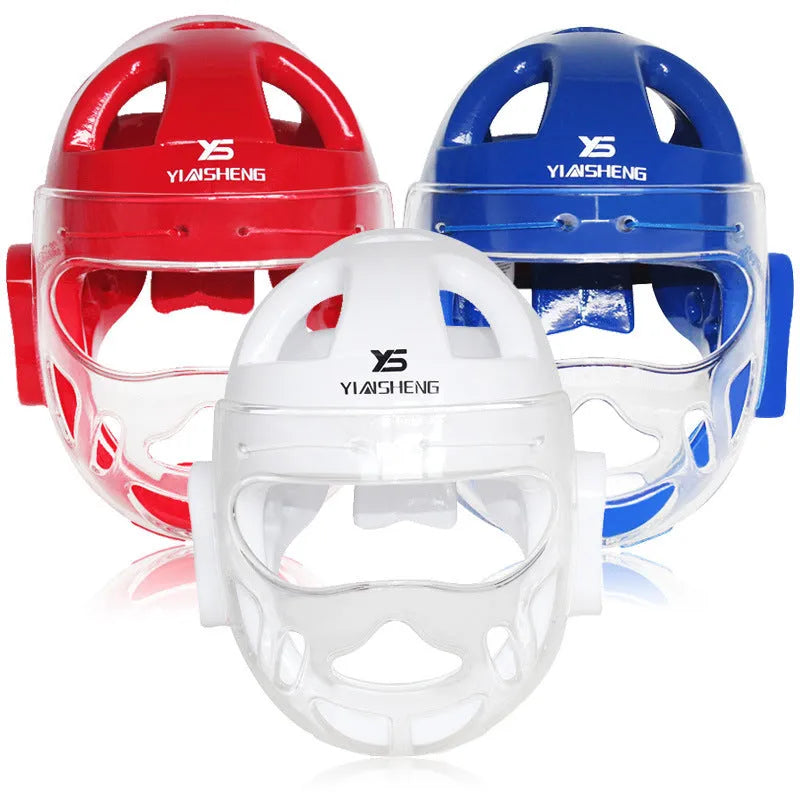 Karate helmet protective equipment for boxing training in white, blue and red colour options