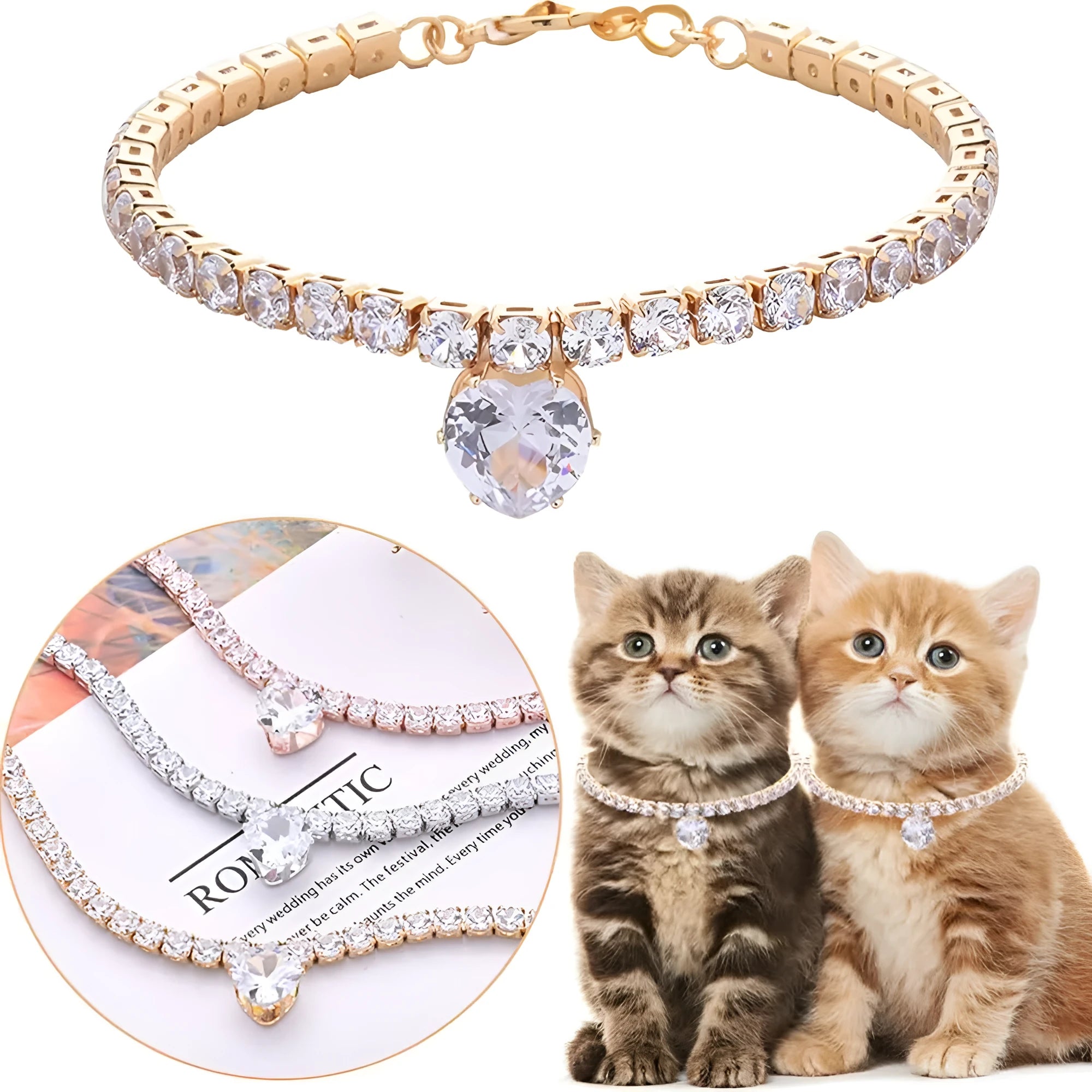 Gold rhinestone heart-shaped decorative collar for dogs and cats with extension chain.