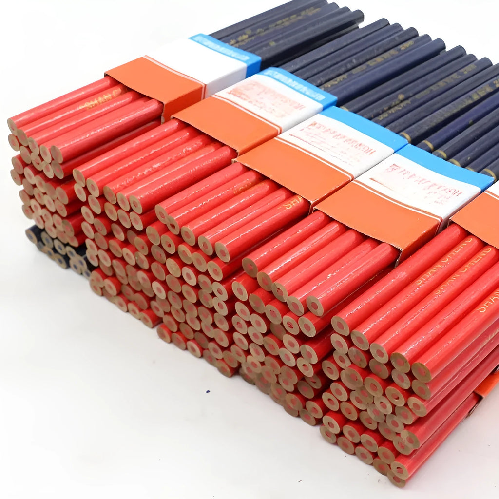 Ten red and blue two-colour carpenter's pencils with round wooden construction