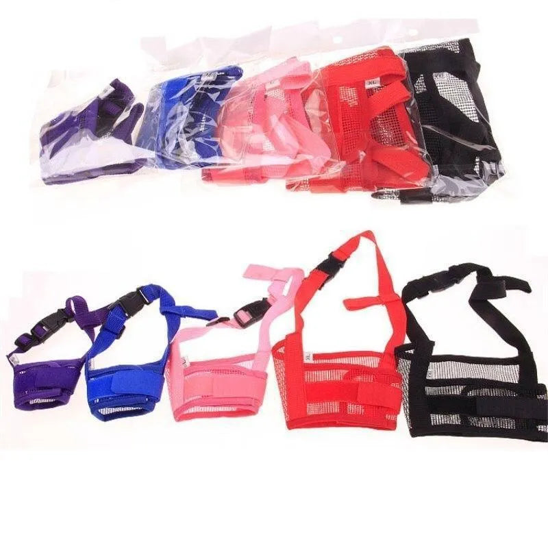 Adjustable plastic dog muzzle shown in multiple colours on a size chart from S to XXL.