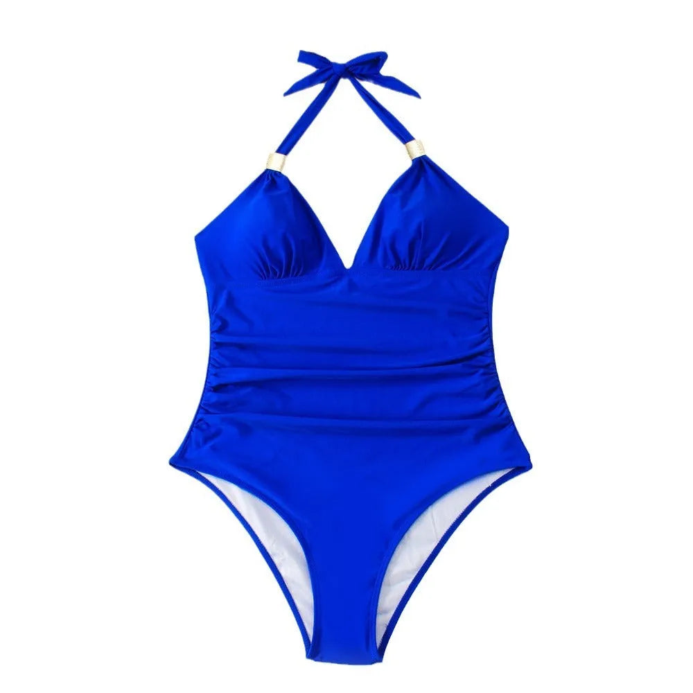Women's one-piece swimsuit in a quick-dry fabric on a mannequin, showing blue, black, leopard print, and striped pattern options.