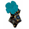 Women's polyester one-piece swimsuit with matching wrap skirt in floral print and solid colours