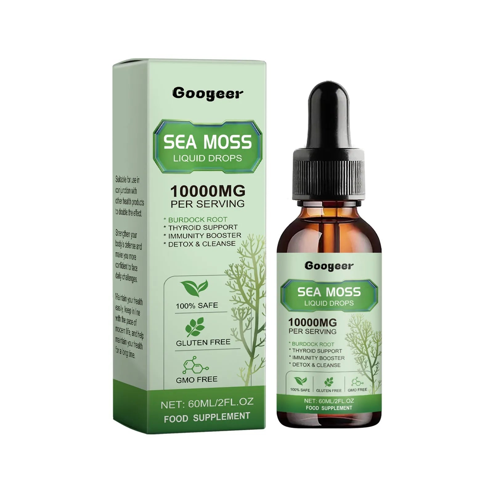 Googeer Sea Moss Liquid Drops 60ml body treatment bottle measuring 3.3x3.3x12cm