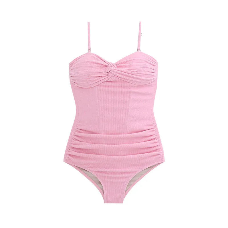 Women's black high-waisted one-piece swimsuit with adjustable shoulder straps.
