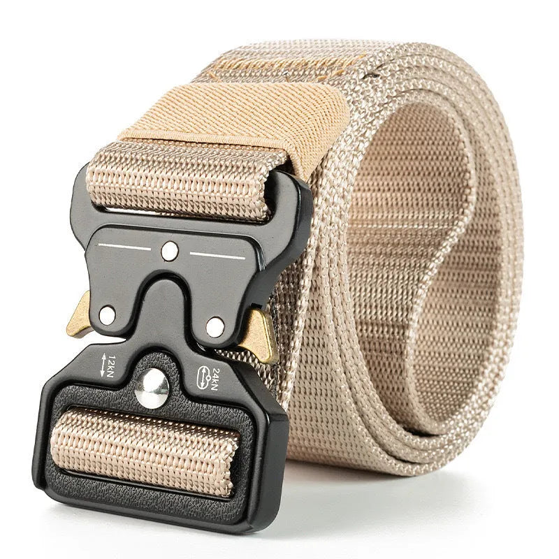 Men's canvas tactical belt in Army Green with an alloy release buckle, showing weave detail and length.