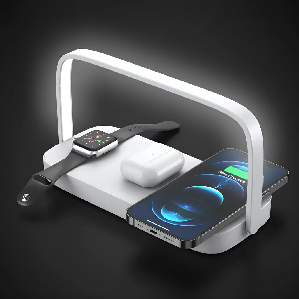 White wireless charging night light phone holder with QC3.0, 2A output, USB input, and charging bracket