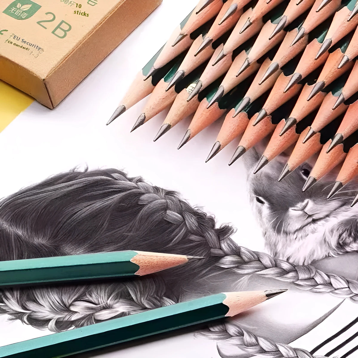 Box of 10 green hexagonal wooden pencils with HB and 2B graphite leads for drawing and writing.