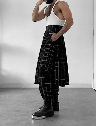 Men's plaid trousers with a removable apron bib featuring two large cargo pockets.