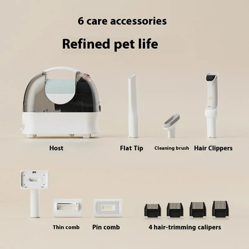 Pink white pet grooming and vacuum cleaner host with electric shear, combs, and suction attachments on a white background.