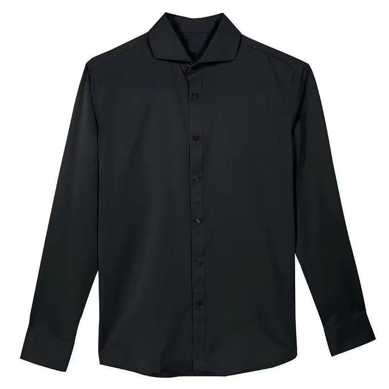Men's black long sleeve Korean style cardigan shirt with slim fit and loose cut on a model.