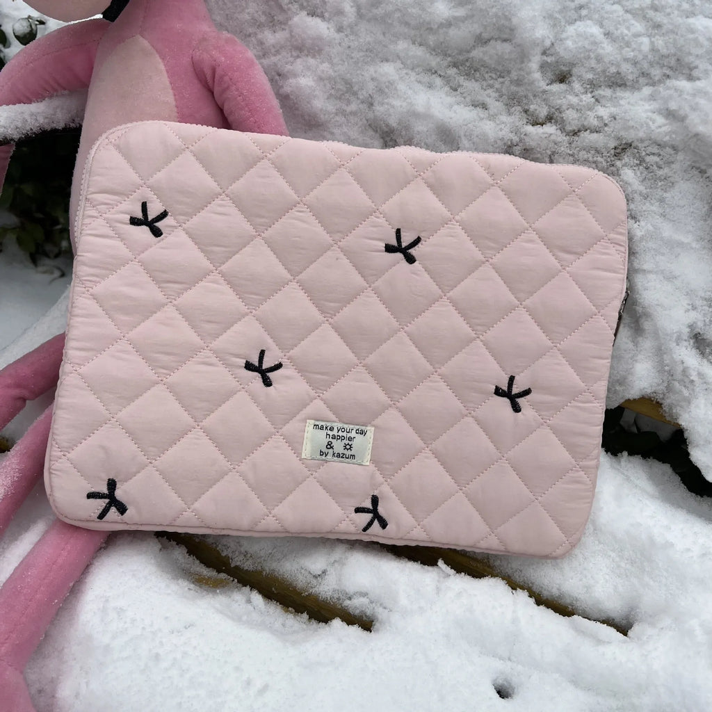 Nylon notebook storage bag with rhombus embroidery and bow detail in multiple colour options