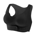 Women's front buckle sports bra in black, white, or nude for yoga and exercise.