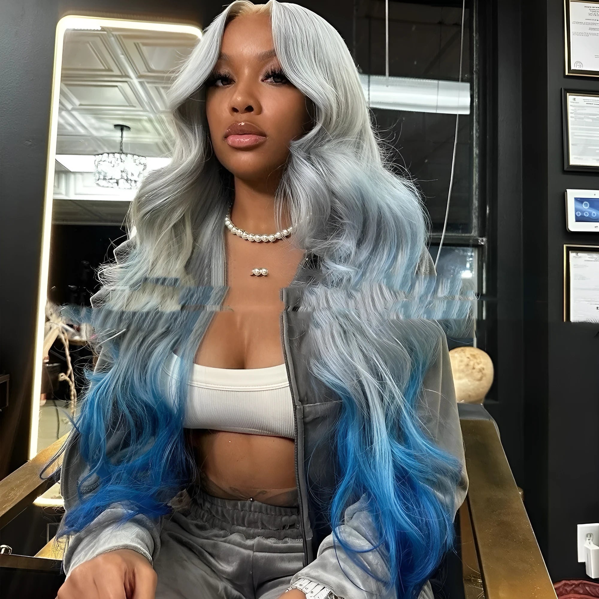 Gradient grey blue human hair wig with transparent Swiss lace front