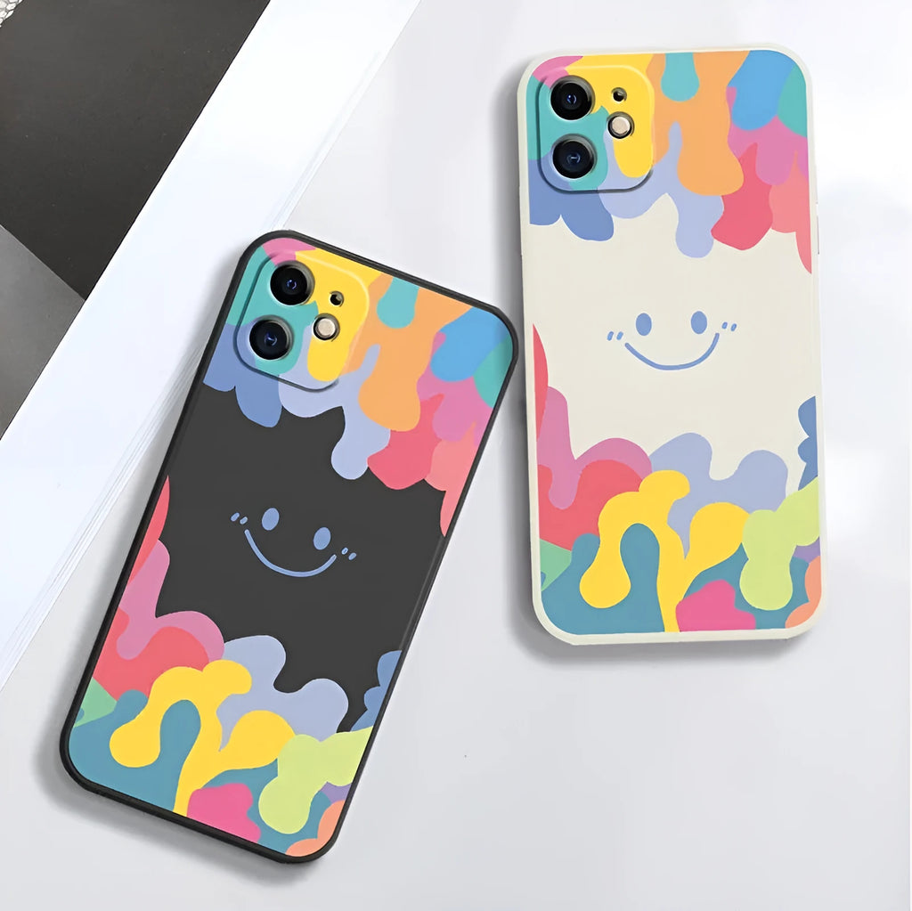 Rainbow smiley face TPU phone case with lanyard for Apple iPhone in white or black