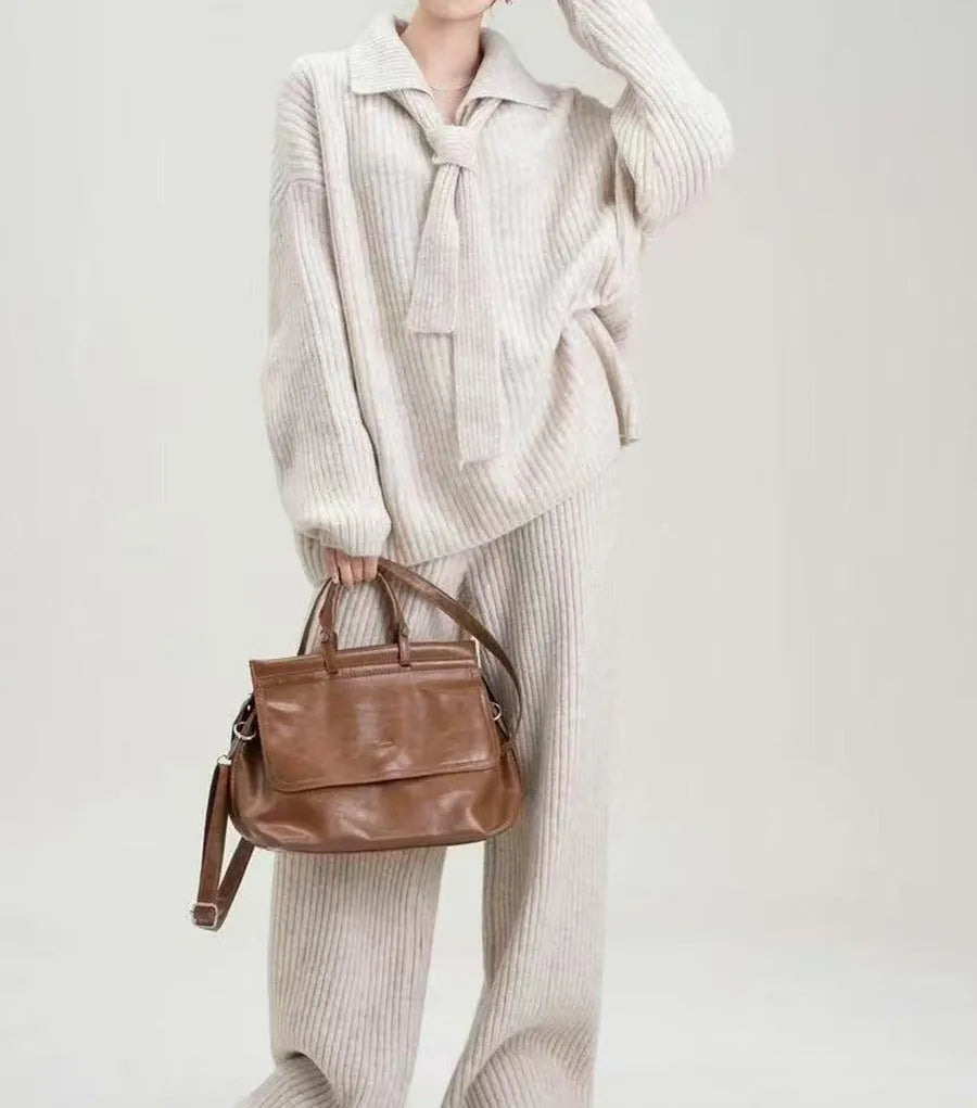 Women's dark grey knit sweater and matching trousers casual two-piece set