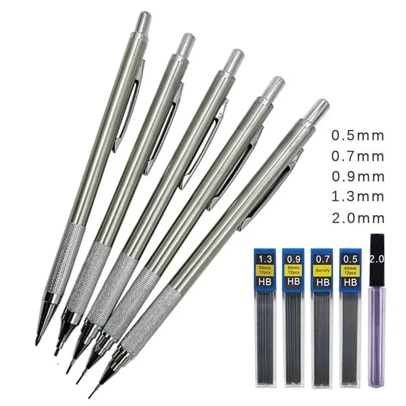 Metal automatic mechanical pencil with multi-diameter refill options for writing and drafting