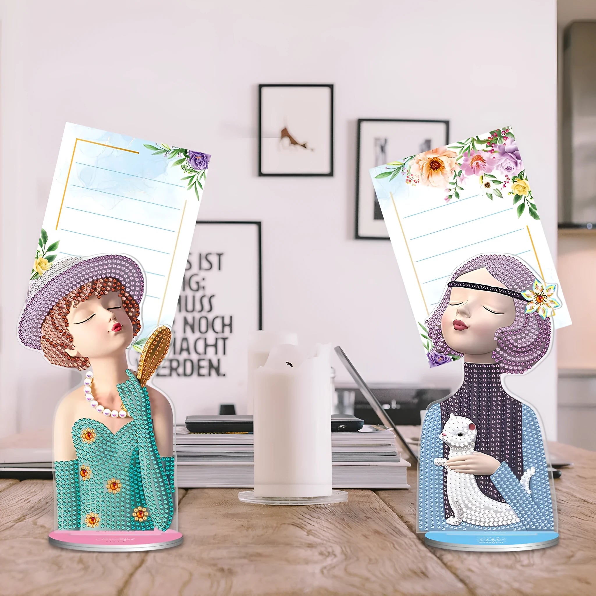 Diamond painting decorative note clip with frameless handmade American craft design on a desktop.