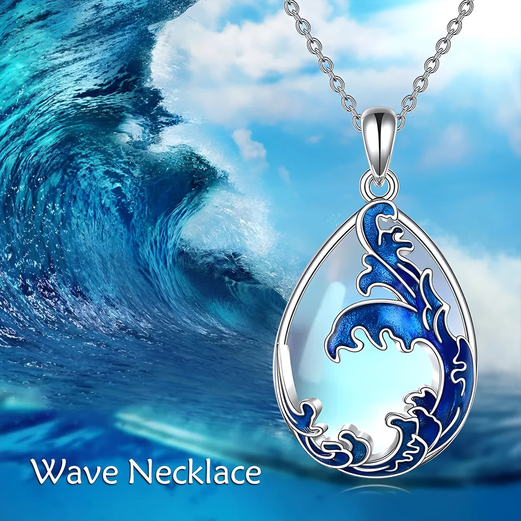 Moonstone blue heart pendant necklace with adjustable chain on display