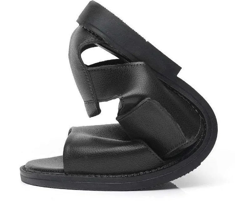 Men's black and brown casual leather sandals with open toe design and rubber soles