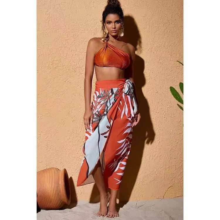 Brown high waist bikini swimsuit with push up top and attached chiffon dress overlay.