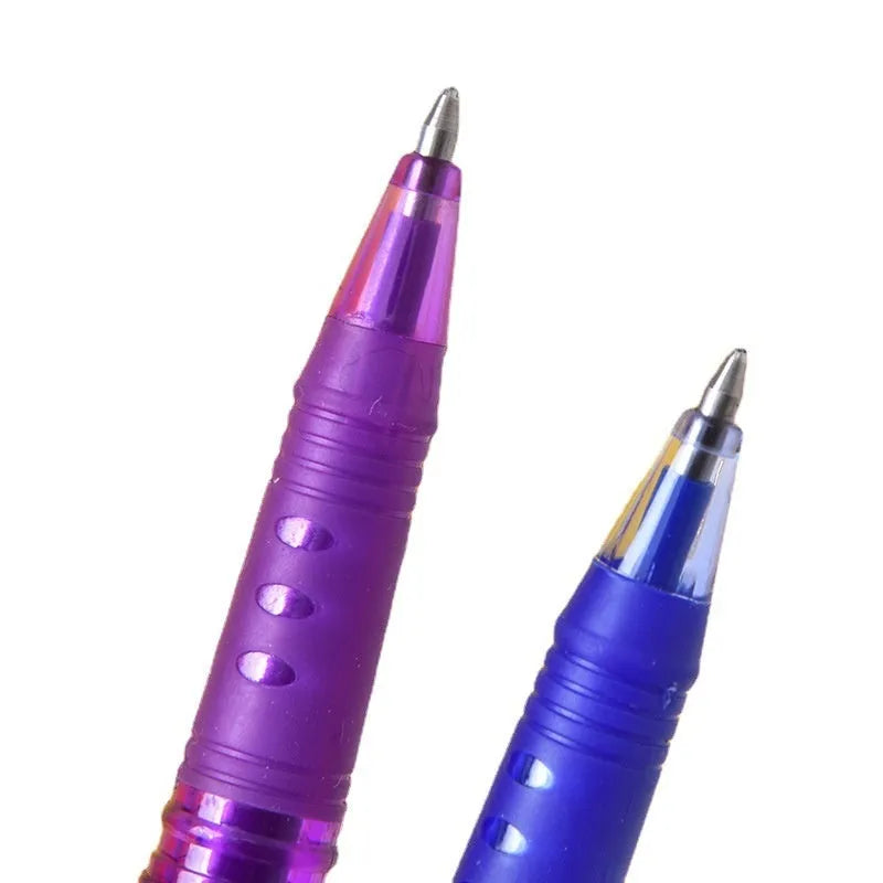 Pack of hot-erasable gel pens with plastic shells and stainless steel tips, showing 0.5mm and 0.7mm nib options.
