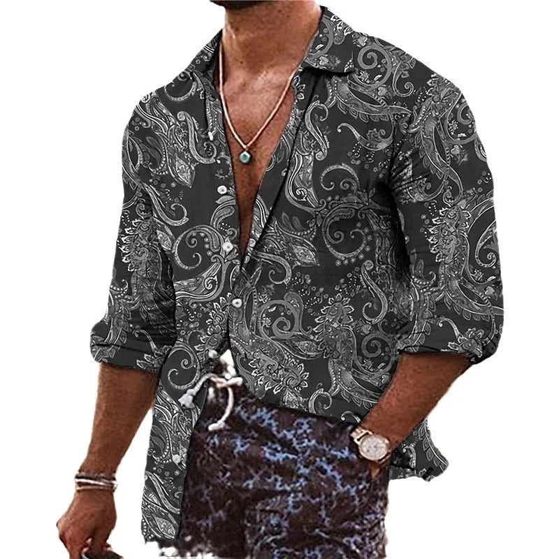 Man wearing a loose fit long sleeve shirt with a colourful 3D digital printed floral bohemian pattern.