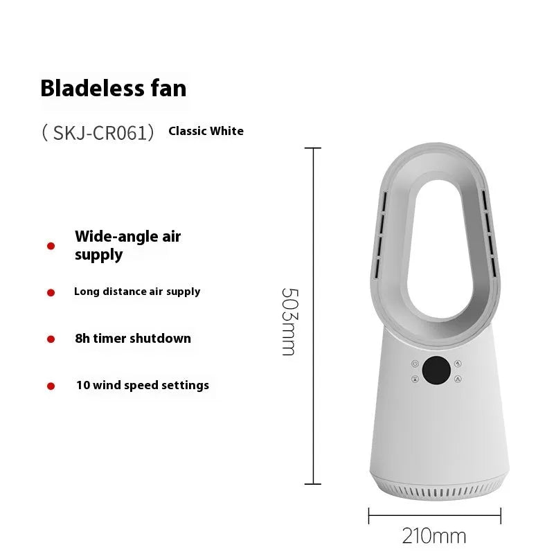 White bladeless tower fan with a remote control and touch screen panel on a desk.