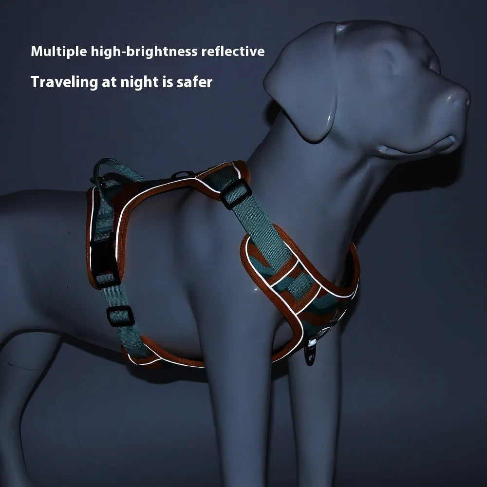 Reflective orange dog harness and leash set on a dog, showing chest and back straps and hand-holding rope.