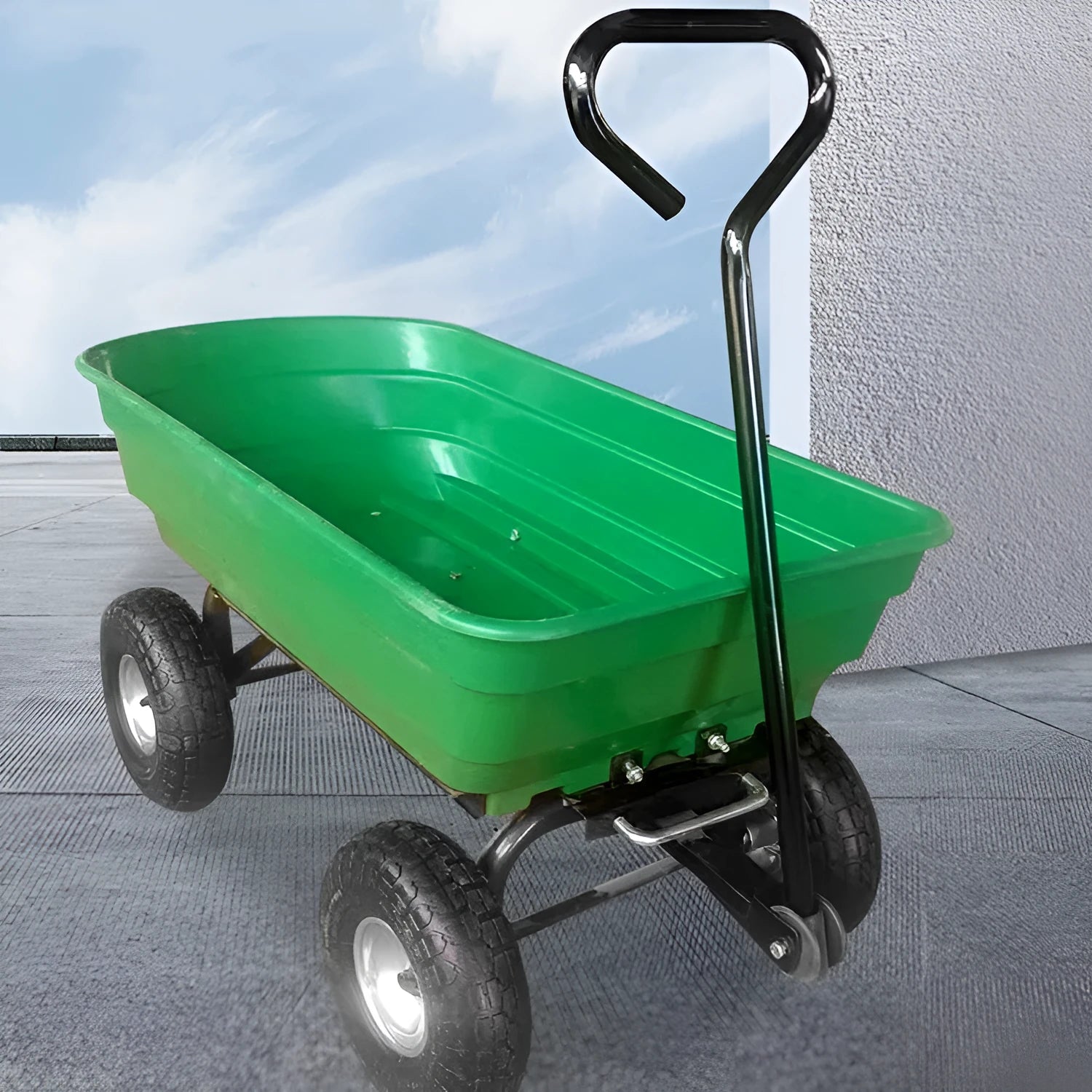 Green four-wheel plastic dumptruck with a large steel PP bed, TC2145 model.