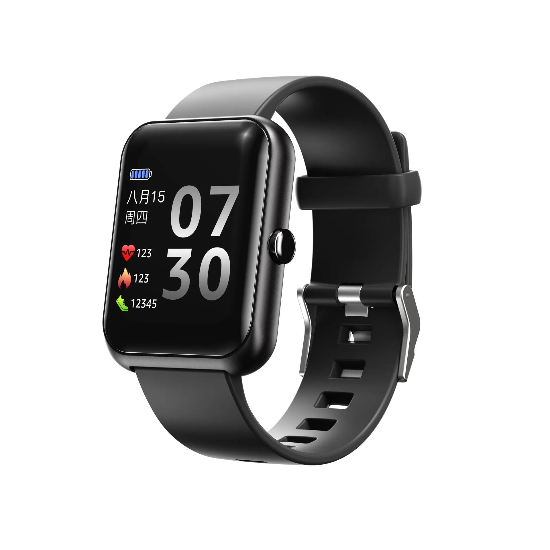 Square smart sports watch with silicone strap and aluminium case in multiple colours