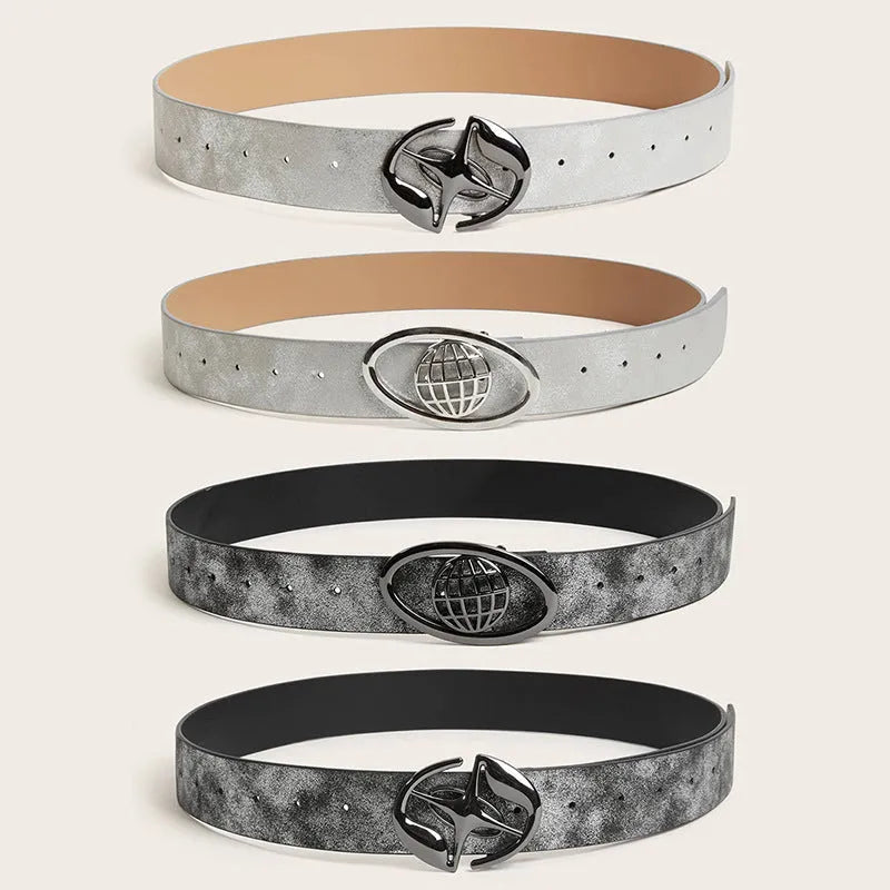 Women's decorative belt with oval alloy buckle in thick PU leather retro style