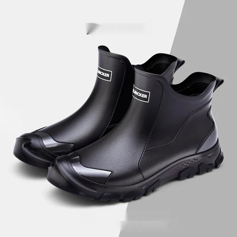 Short tube PVC rain boots with round toe and non-slip sole, shown in black and beige colour options.