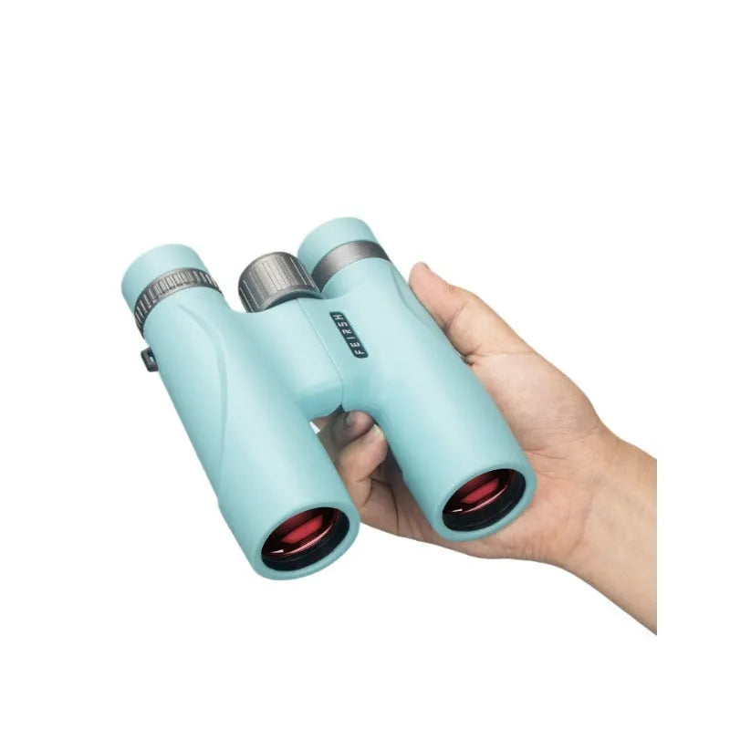Compact 10x32 plastic binoculars in grey or blue with 32mm objective lens and 112x140x45mm dimensions for outdoor use