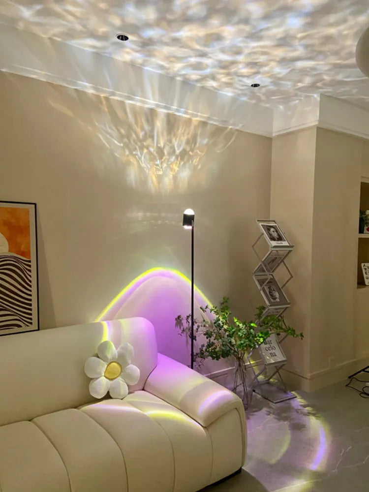 Sunset red floor lamp projecting water wave light pattern with colour cards for customisation