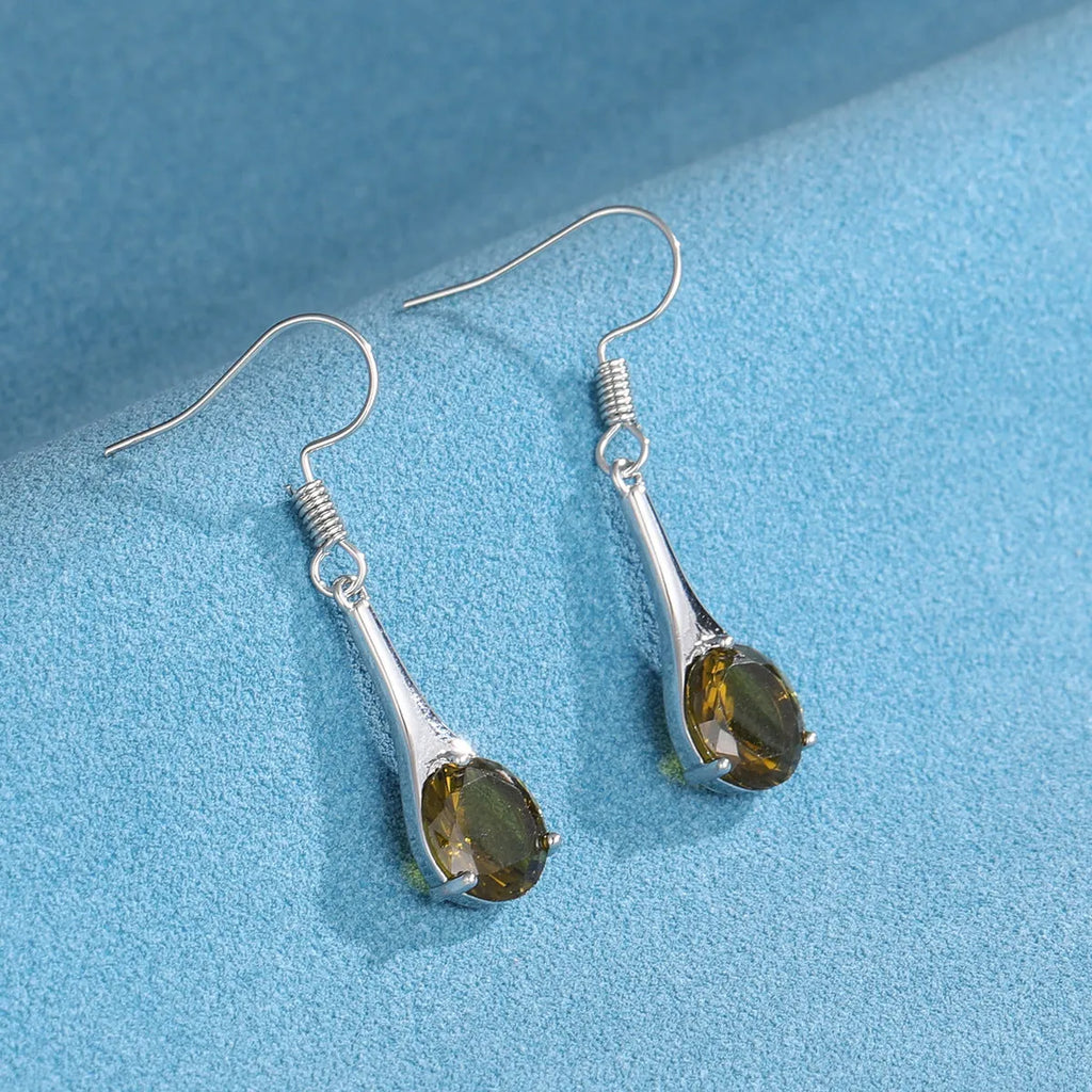 Olive green topaz water drop shaped earrings with minimalist retro design
