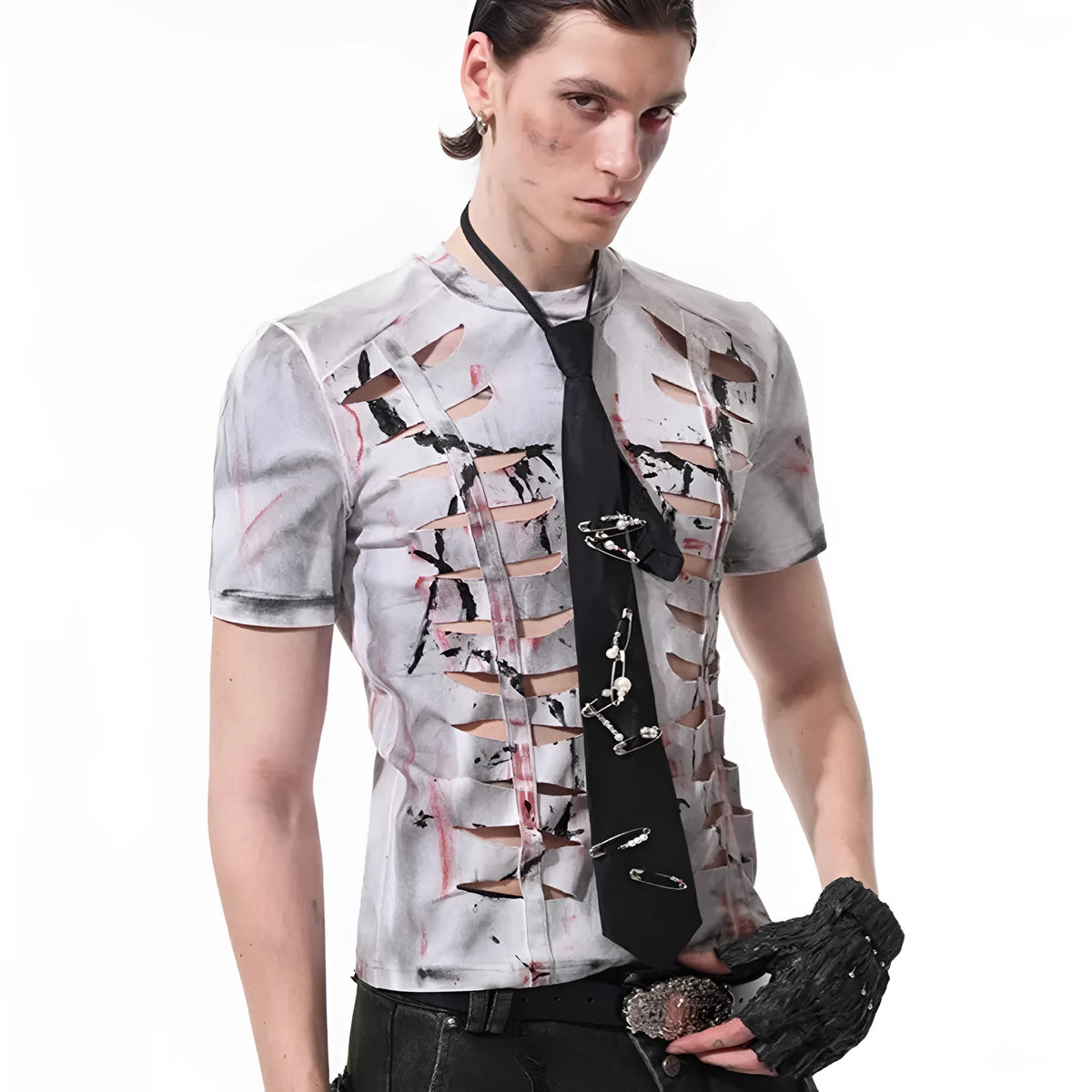 White men's tight t-shirt with hollow-out cut pattern on the front, short sleeves, and a round neck.