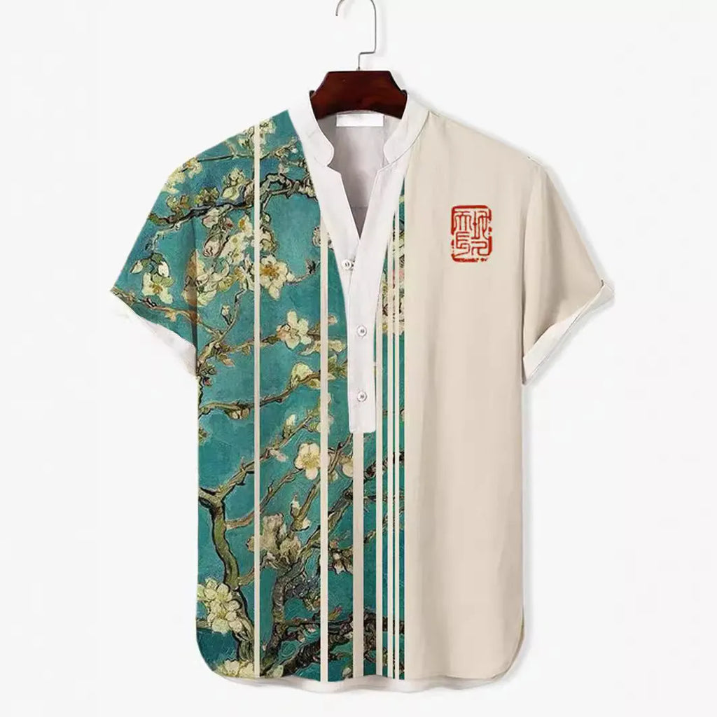Man wearing a short sleeve shirt with a colourful digital animal graphic print on the front.