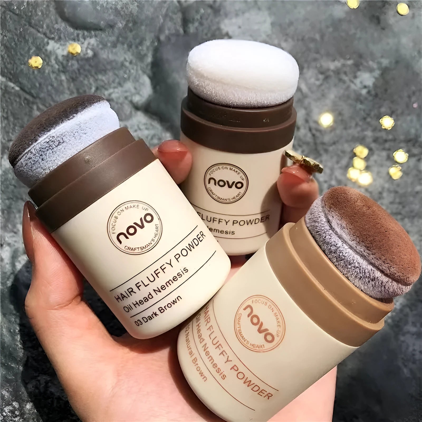 Compact of mattifying face powder for oil control on hairline and skin, shown in transparent, brown, and dark brown shades.
