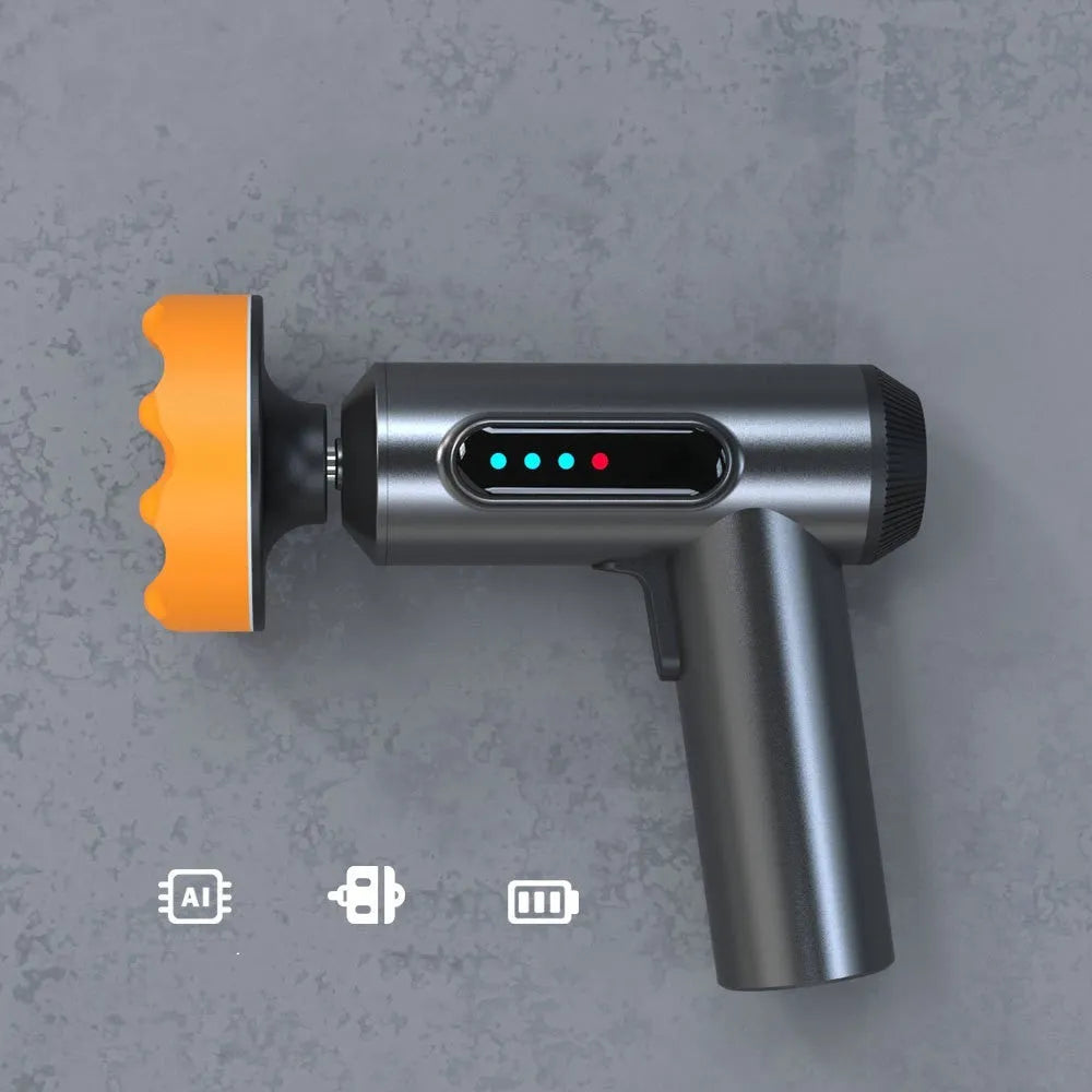 Cordless electric waxing and polishing machine with a white ABS housing and a grey polishing disc.
