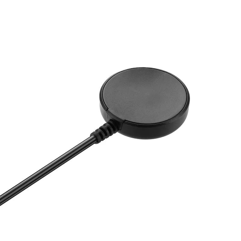 Small black plastic USB charger for smartwatches with a connected cable.