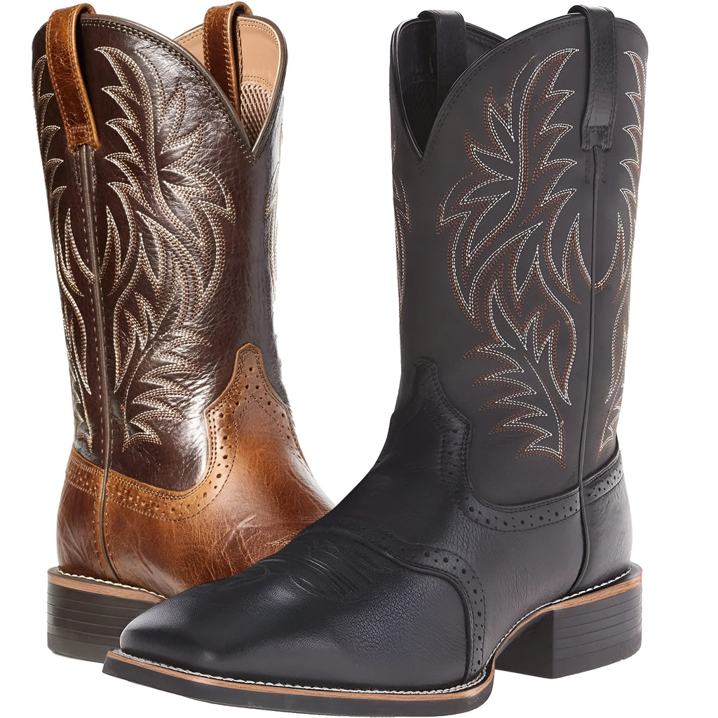 Men's black Western cowboy boot with high embroidery stitching on a wide square toe and high shaft.
