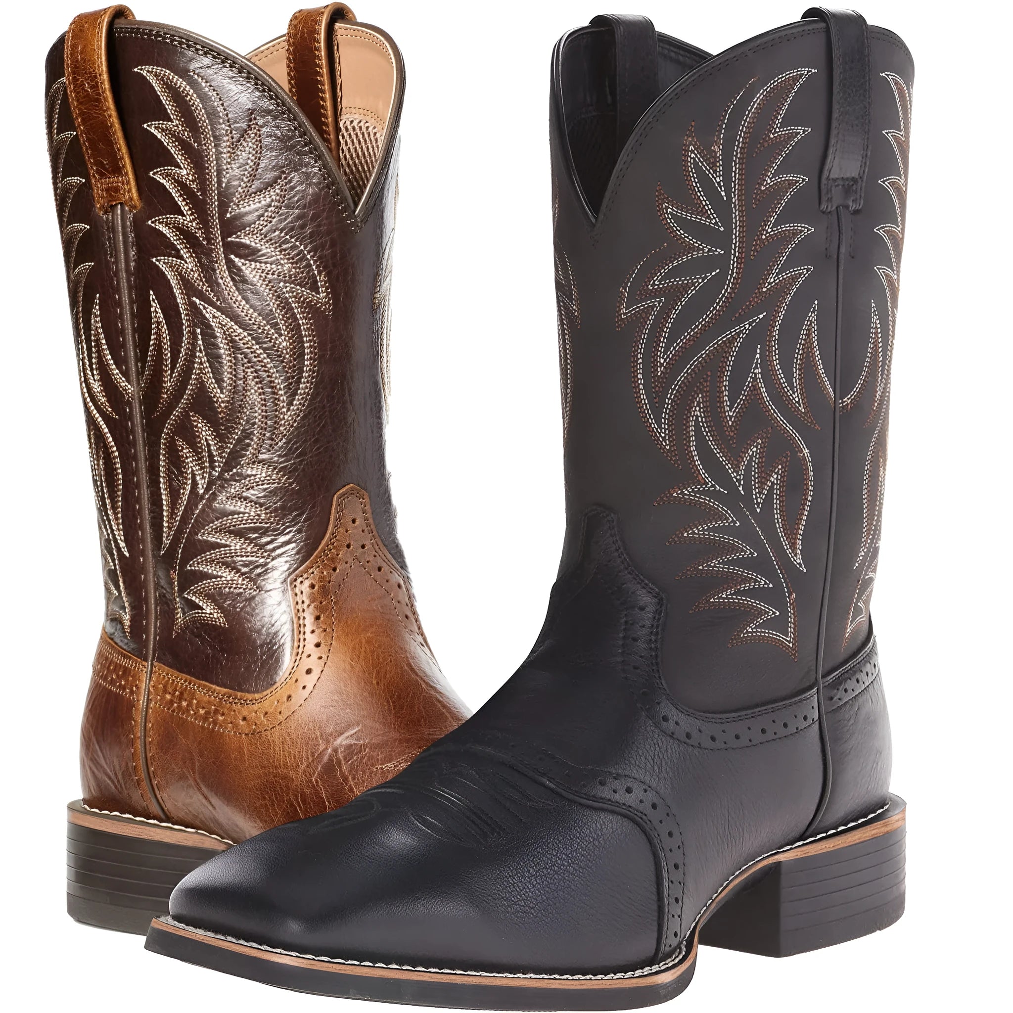 Men's black Western cowboy boot with high embroidery stitching on a wide square toe and high shaft.
