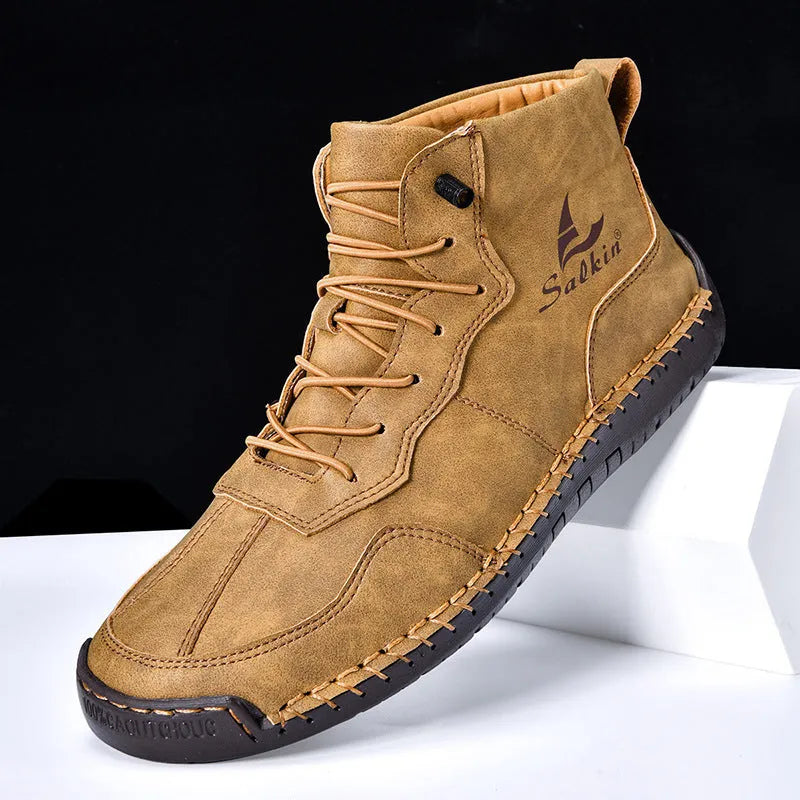Men's high-top casual boots in artificial PU leather with elastic band and round toe design
