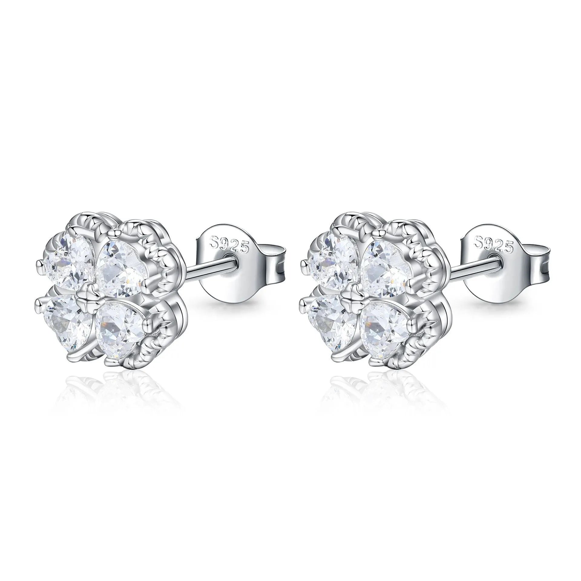 925 silver zircon four-leaf clover heart earrings white gold colour women's jewellery