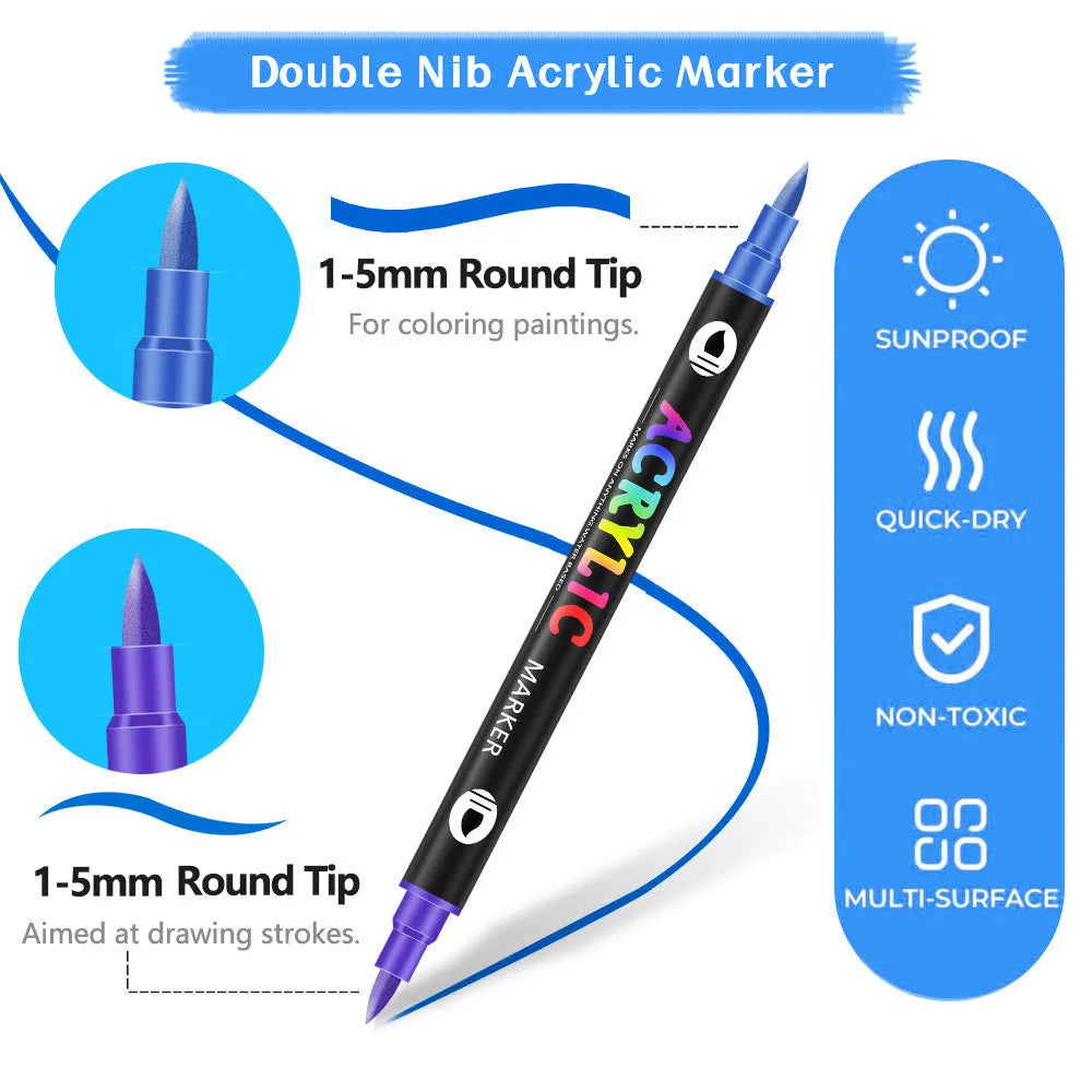 Set of double-headed acrylic marker pens showing fine and broad tips with opaque washable colours