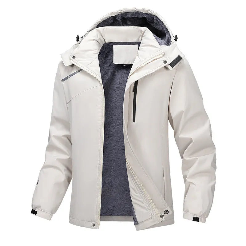Men's plus size hooded coat in Army Green, made from waterproof polyester fabric.