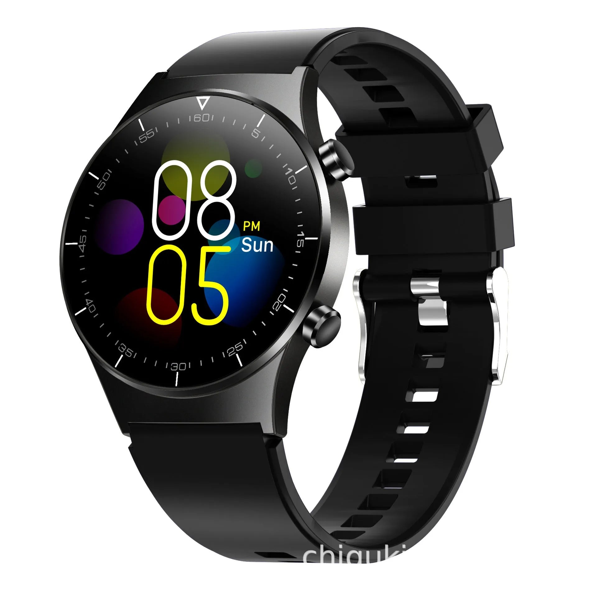 Black TPU smart watch with 1.28-inch glass touchscreen displaying heart rate and step count data