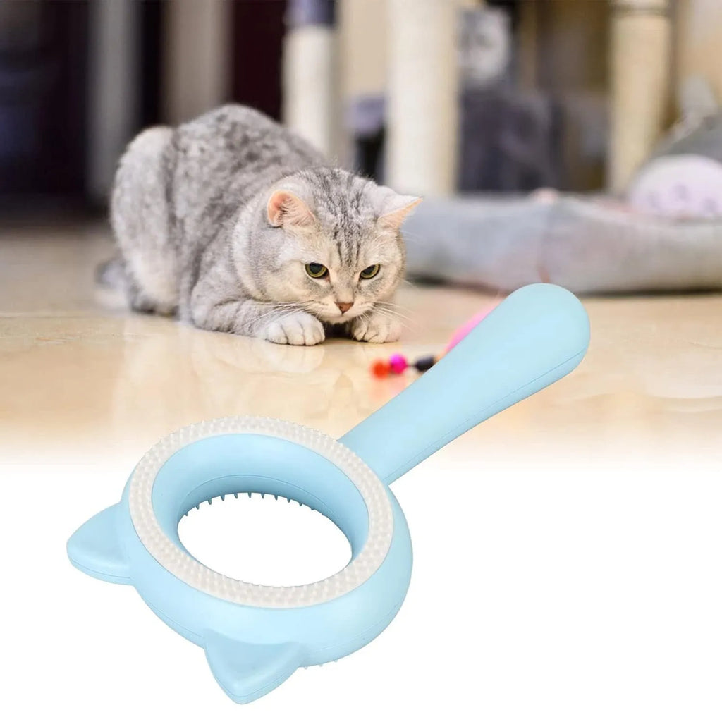 Double-sided pet grooming brush with removable deshedding comb and massage bristles in white colour